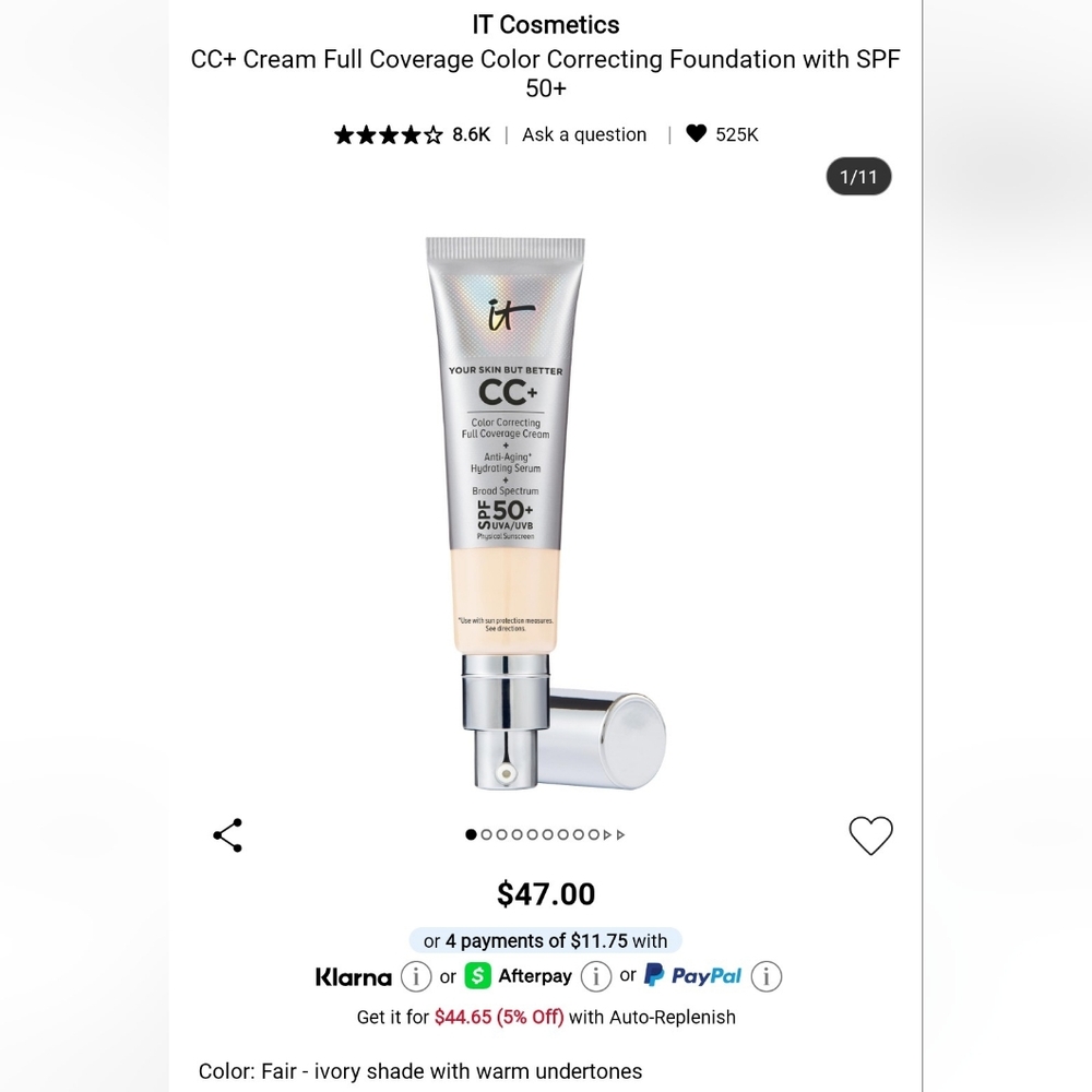 for Mary 2x IT Cosmetics CC+ Cream Full Coverage with SPF 50